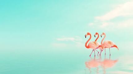 Obraz premium Three pink flamingos are walking in a shallow tropical lagoon with turquoise water under a clear pastel sky with some small clouds, creating a serene and dreamy atmosphere