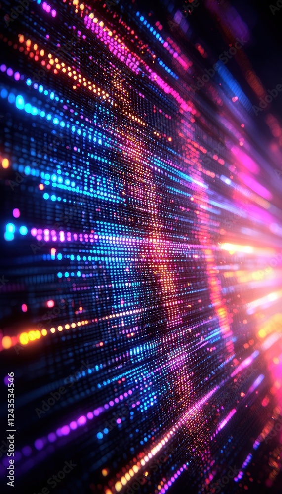 Aufkleber A colorful display of vibrant lights and patterns resembling digital data streams, creating a dynamic, futuristic effect.