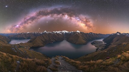 Obraz premium Milky Way arch over mountain lake at night