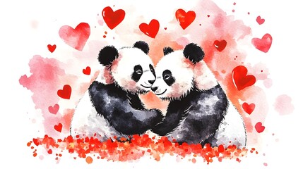 Watercolor Painting of Two Pandas Embracing Amidst Red Hearts Romantic Valentine s Day Illustration