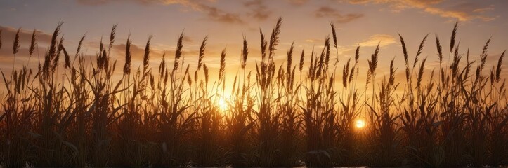 Fototapeta premium Warm light filters through tall reeds at autumn sunset, wheat field, fall foliage