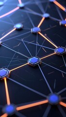 A close-up view of a digital network design featuring interconnected nodes and glowing lines on a dark background.