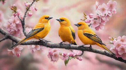 Three Vibrant Yellow Birds on Cherry Blossom Branch in Spring