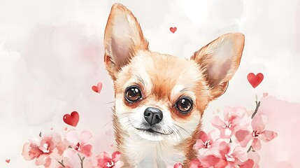 Adorable Chihuahua Puppy Portrait with Watercolor Flowers and Hearts Romantic Pet Art