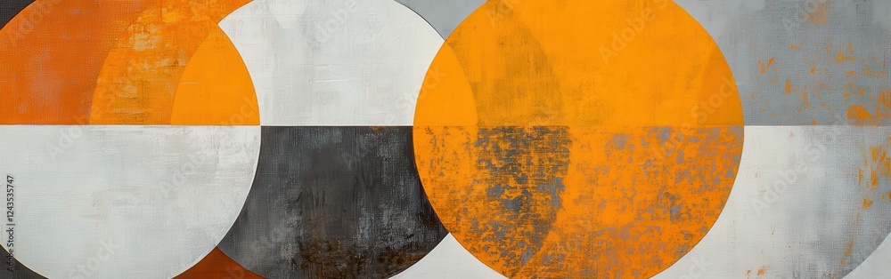 Poster minimalist design featuring amber and gray circles arranged in an abstract composition for visual ha