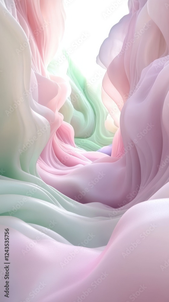 Poster soft pastel waves flow gracefully through a serene space of gentle pink and lavender hues in an ethe