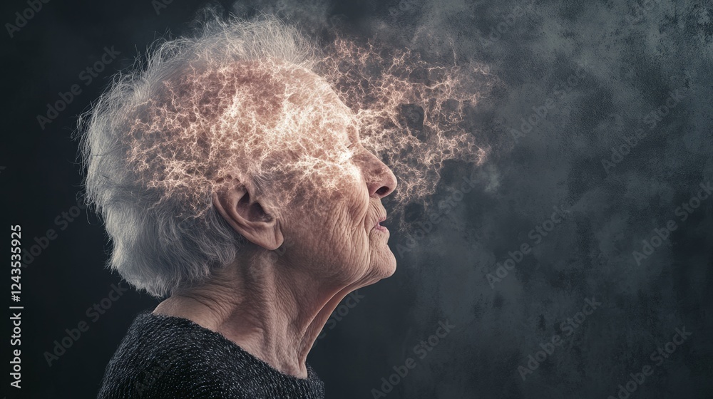 Poster exploding head concept representing dementia and memory loss in an elderly woman, with glowing energ