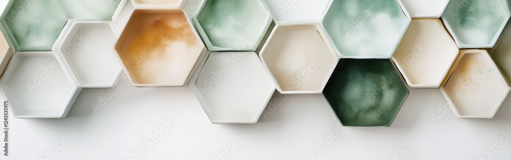 Poster elegant white composition featuring a single bold hexagonal dish in a harmonious arrangement