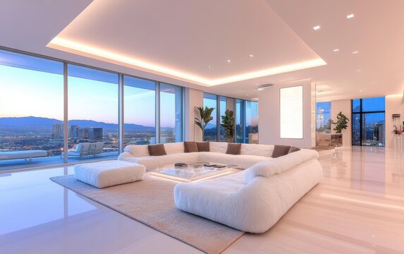 Minimalist futuristic living room, cloud like oversized shearling sofa and armchairs, transparent glass paneled accent wall with subtle LED backlight