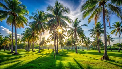 Obraz premium Lush Green Lawn with Palm Trees Under Bright Sunlight - Summer Vacation Paradise Stock Photo