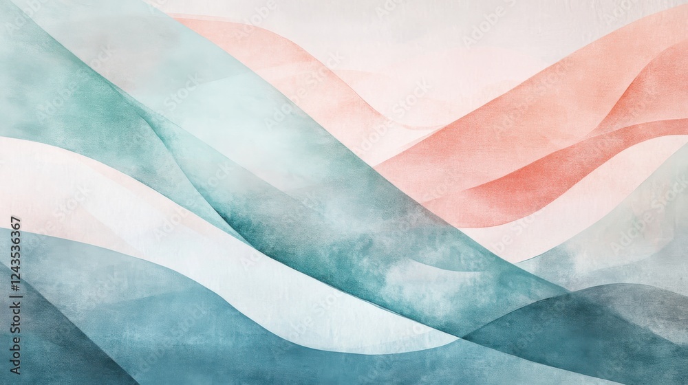 Fototapete Muted teal and warm hues create a serene abstract pattern with gentle arcs and layers of color in a harmonious composition