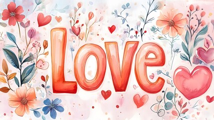 Watercolor Floral Love Design Romantic Hearts Flowers and Hand Lettered Word Love