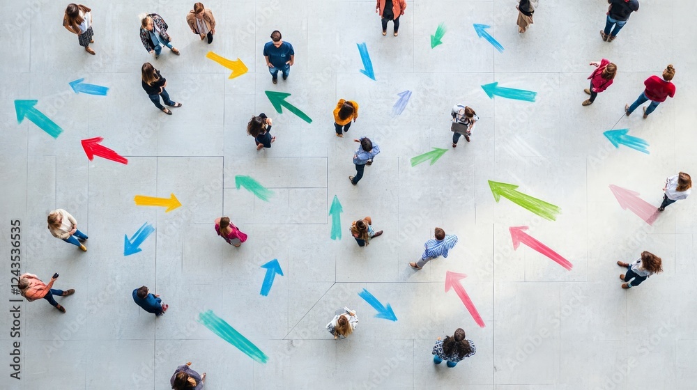 Fototapete large group of business people choosing different paths marked by colorful arrows, symbolizing decis