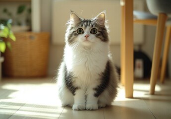 Cute fluffy cat sitting on wooden floor in cozy room with natural light and soft furnishings, perfect for home or pet-themed projects