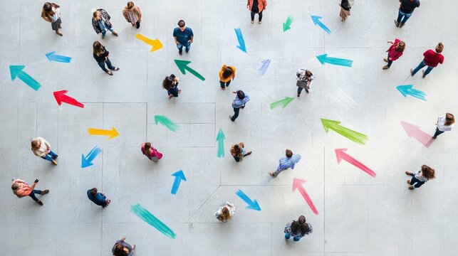 Large group of business people choosing different paths marked by colorful arrows, symbolizing decision making and the fear of better options