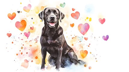 Adorable Black Labrador Retriever Dog Watercolor Painting with Hearts Romantic Pet Portrait