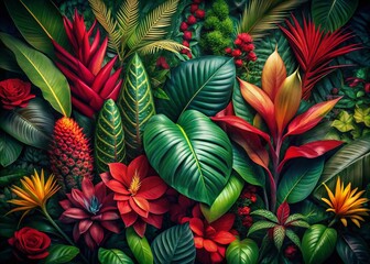 Lush Tropical Flowers & Leaves: Vibrant Green & Red Foliage for Artistic Projects