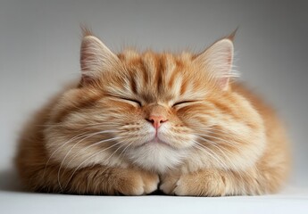 Cute fluffy orange cat resting with closed eyes, showing tranquility and peace, displaying adorable facial features, soft fur, and serene expression in soft light