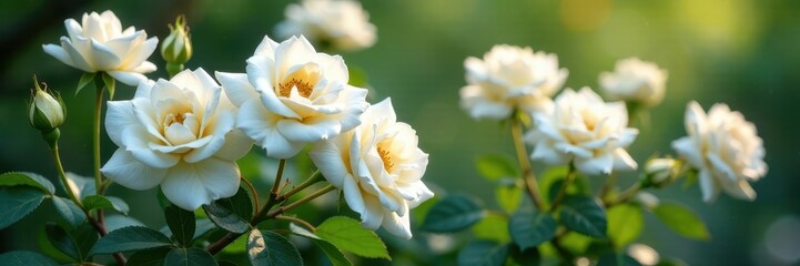 Fototapeta premium Dense cluster of snow-white rose blossoms on a thriving bush , garden, bloom