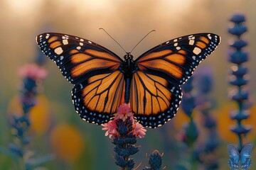 Fototapeta premium Monarch Butterfly Resting on Vibrant Flowers in Meadow