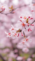 Fototapeta premium Beautiful cherry blossom flowers over blurred background. Spring season concept. with white shades