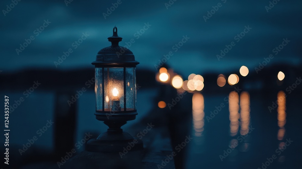 Poster deep navy and metallic silver bokeh lights create a serene atmosphere by the water at dusk