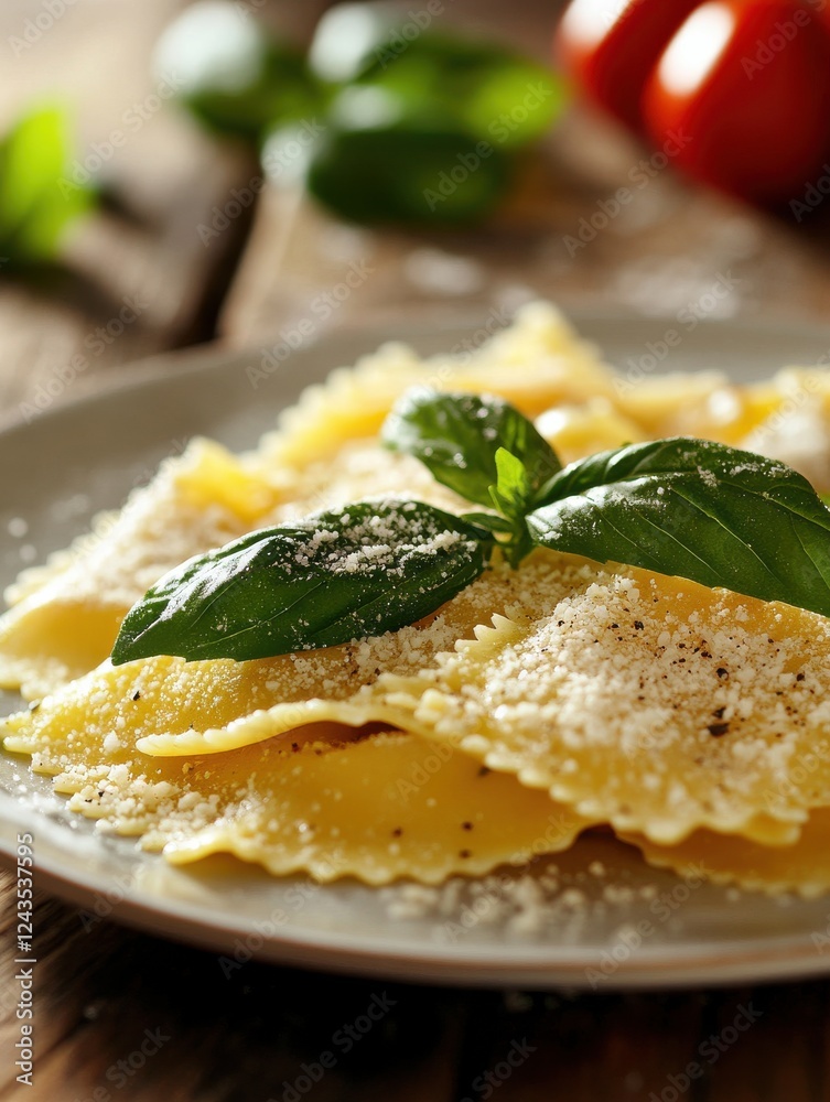 Poster freshly made ravioli served on a rustic plate garnished with basil and grated cheese in a cozy kitch