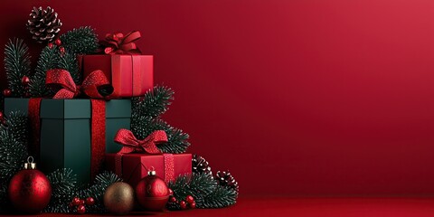 festive arrangement of gifts adorned with ribbons and ornaments set against rich red backdrop