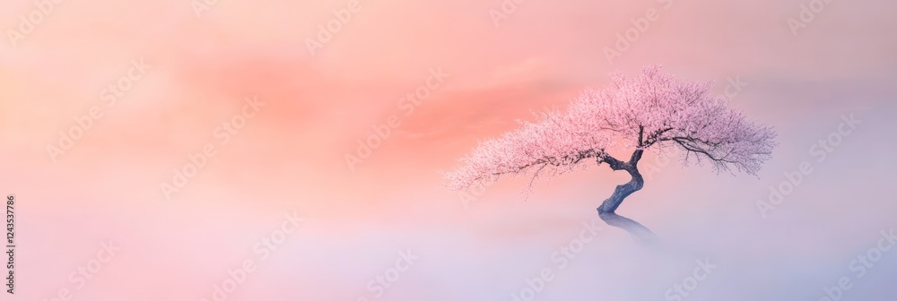 Aufkleber cherry tree with pink flowers emerging from a thick fog bank with a pastel colored sky in the backgr