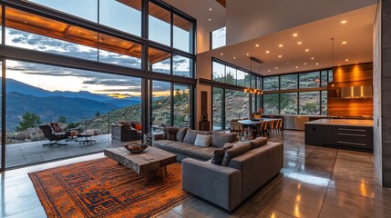 Inviting Living Room with Large Windows Offering Breathtaking Views of Majestic Mountains Surrounded by Lush Greenery Creating a Cozy and Relaxing Atmosphere for Family Gatherings