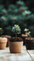 A small green plant in a pot, surrounded by blurred greenery, symbolizes growth and nature.