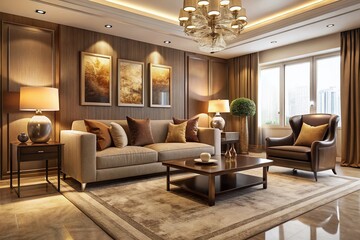 Fototapeta premium Luxurious Brown Beige Living Room Interior Design - Empty Wall Space for Art - Stock Photo