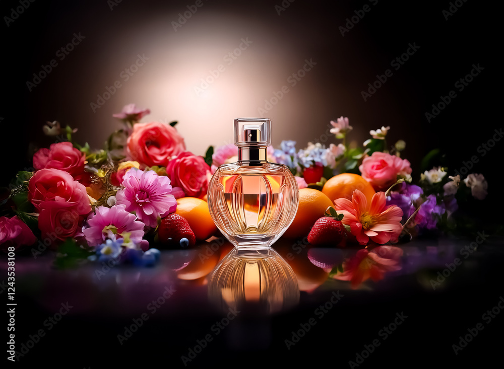 Poster Elegant perfume bottle showcased amidst a vibrant array of flowers and fruits.  A soft light illuminates the arrangement against a dark backdrop, creating a luxurious and inviting scene.