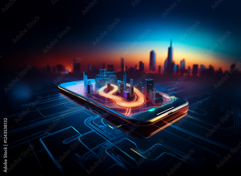 Poster a glowing futuristic city with skyscrapers and roads is displayed on a smartphone screen, floating o