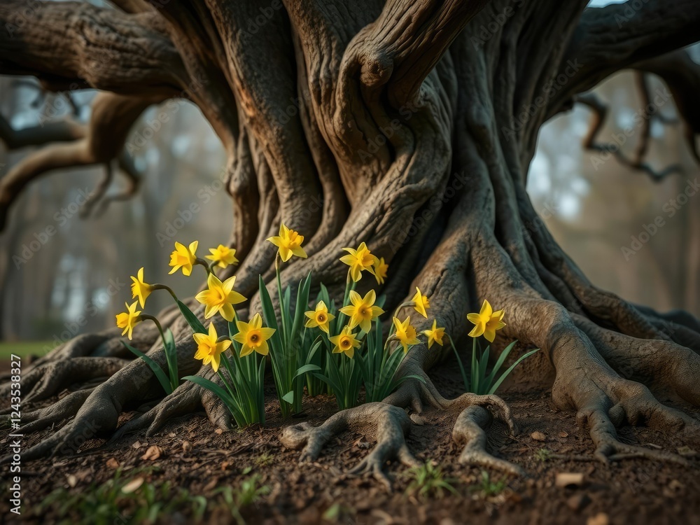 Wall mural whimsical yellow daffodils peeking out from beneath the roots of an ancient tree with gnarled branch