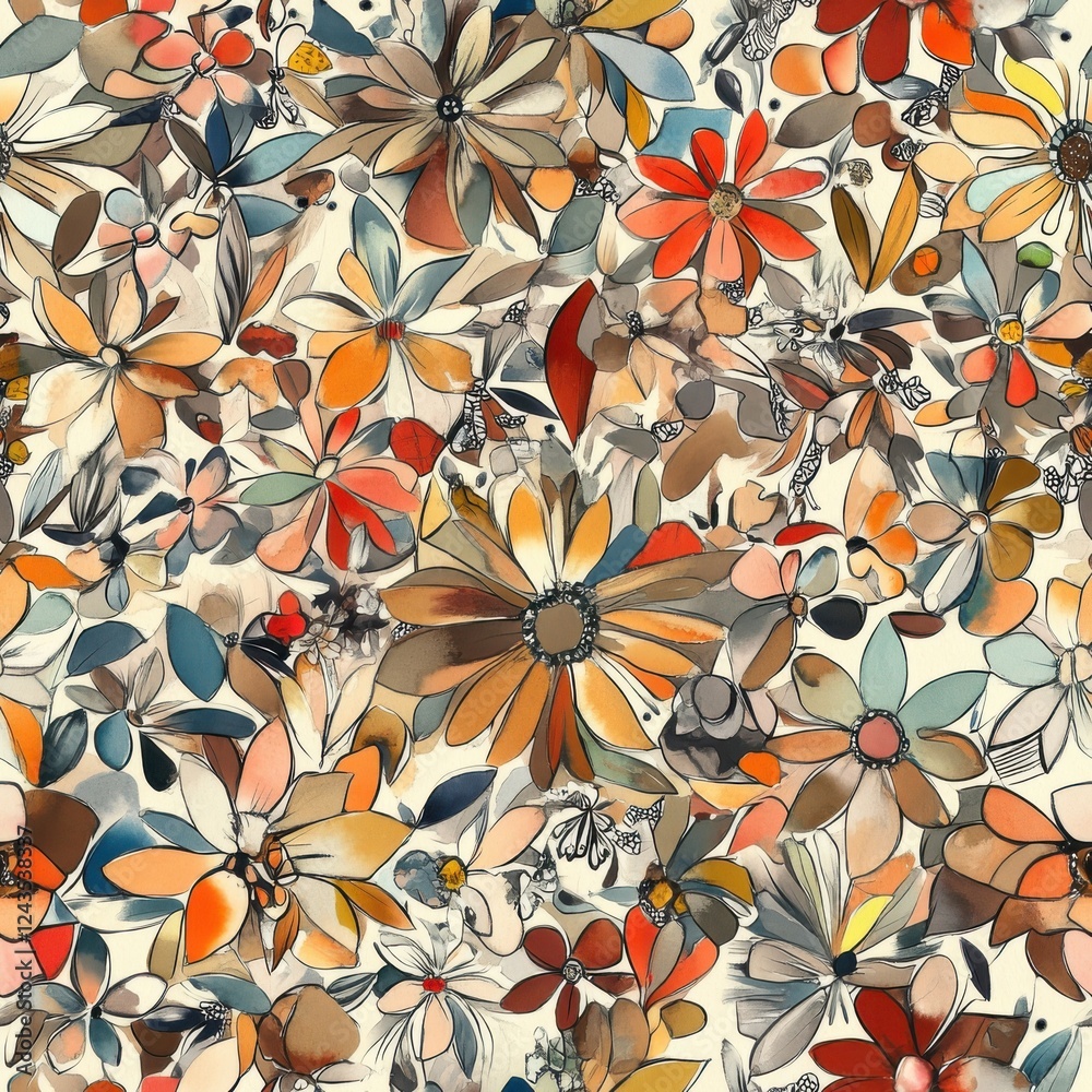 Poster vibrant doodle artwork featuring an array of colorful flowers in imaginative designs