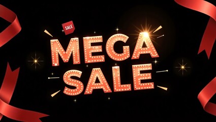 mega sale stands out in bold sleek font against a black background, framed by dynamic crossed red ribbons