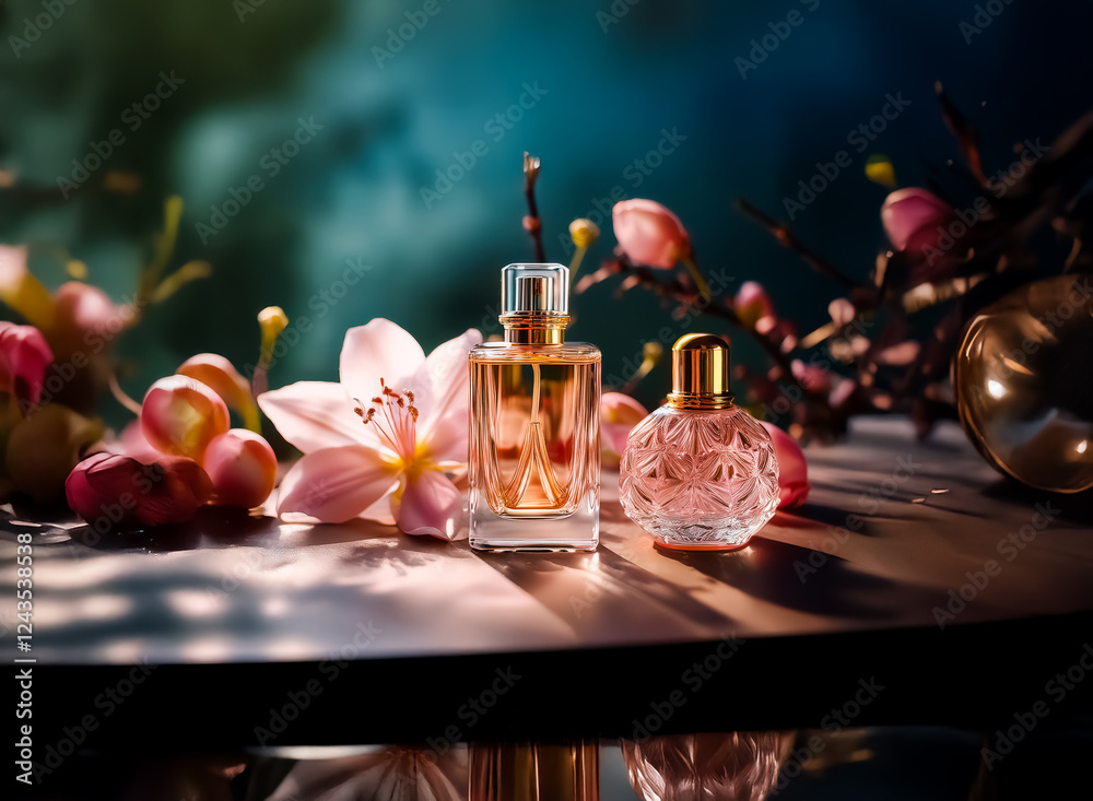 Poster elegant perfume bottles are showcased with delicate flowers and branches, creating a luxurious and f