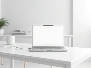 Laptop with Blank White Screen on White Desk, Minimalist Workspace 