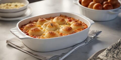 White ceramic baking dish with cheesy scallop casserole inside , dinner, cheesy scallop casserole