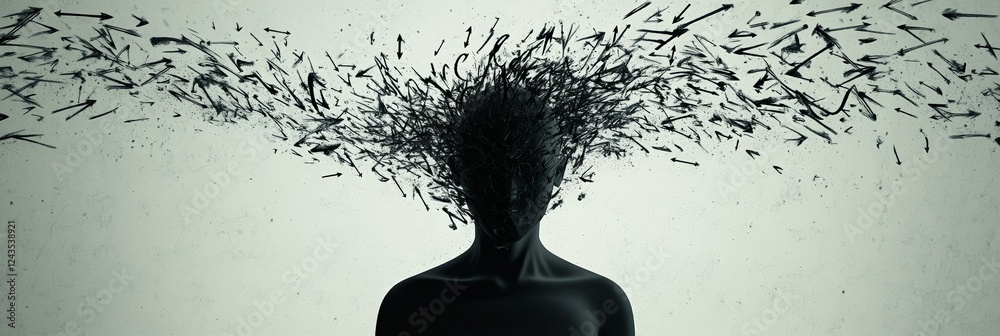 Aufkleber Person suffering from fobo - fear of better option - with arrows coming out of head symbolizing the difficult decision making process and job insecurity