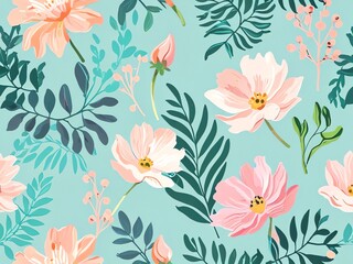 Pastel Floral Paradise: A Seamless Pattern of Delicate Blooms and Lush Greenery
