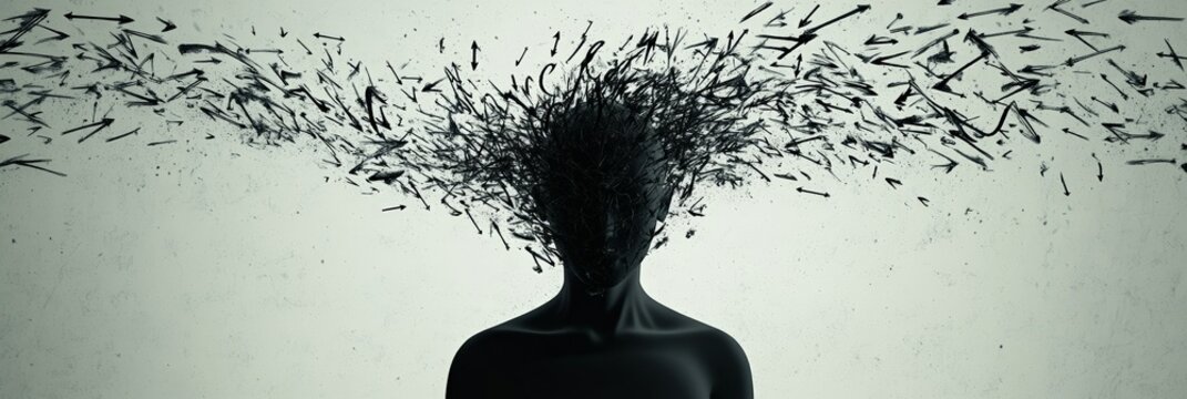 Person suffering from fobo - fear of better option - with arrows coming out of head symbolizing the difficult decision making process and job insecurity