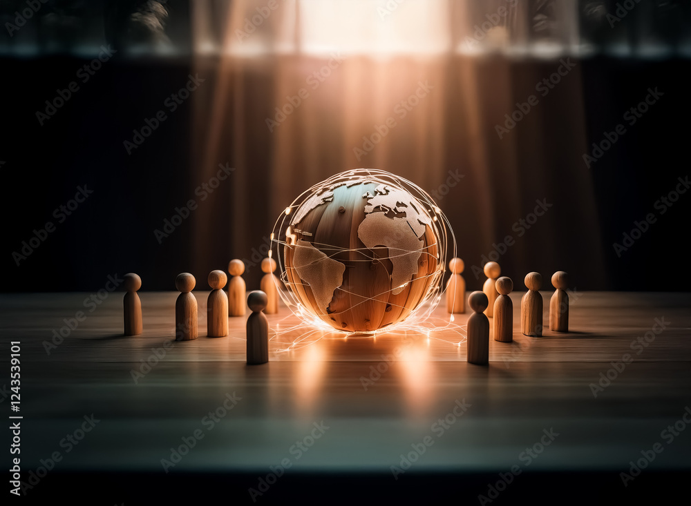 Poster a glowing globe is encircled by wooden figures on a reflective surface, illuminated by bright beams 