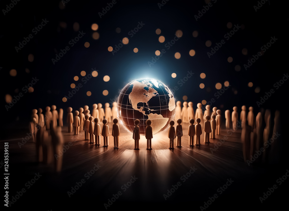 Poster Illuminated globe encircled by figures stands on a wooden surface. A bright light source behind globe and figures, with bokeh lights in a dark backdrop.
