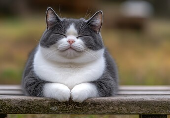 Cute gray and white cat lounging peacefully on a wooden bench in a tranquil outdoor setting with soft blurred background