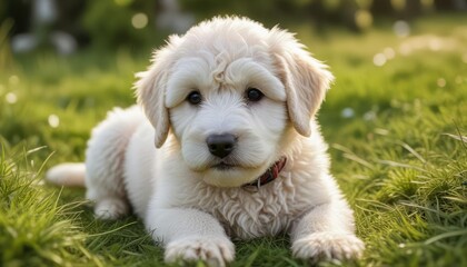 White Labradoodle puppy curled up on the soft grass, white labradoodle, cozy pet, serene landscape