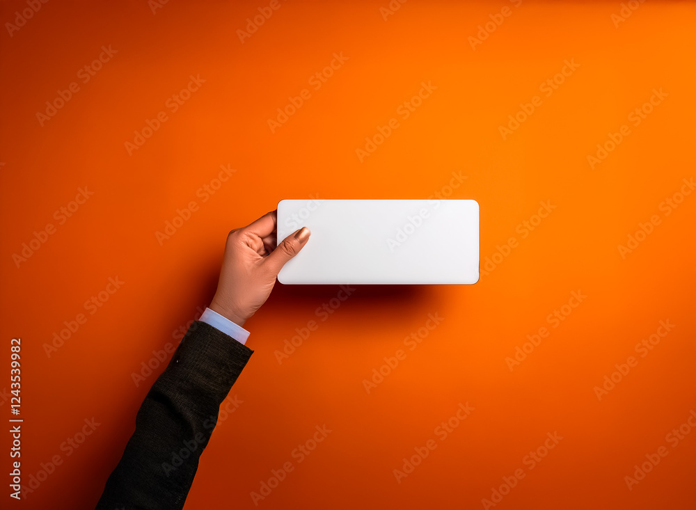Aufkleber a hand with manicured nails and a dark suit sleeve presents a blank white rectangular object against
