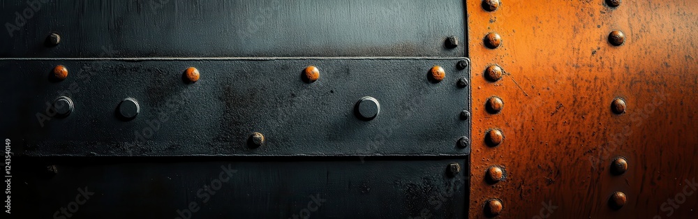 Poster weathered metallic background showcasing rusted elements and fasteners in industrial style
