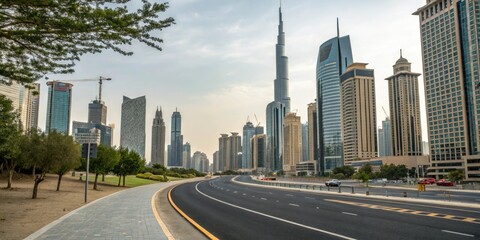 Obraz premium Wide shot of an asphalt road winding its way through the heart of a bustling city amidst towering skyscrapers, skyscraper, modern cityscape, concrete highway, city center